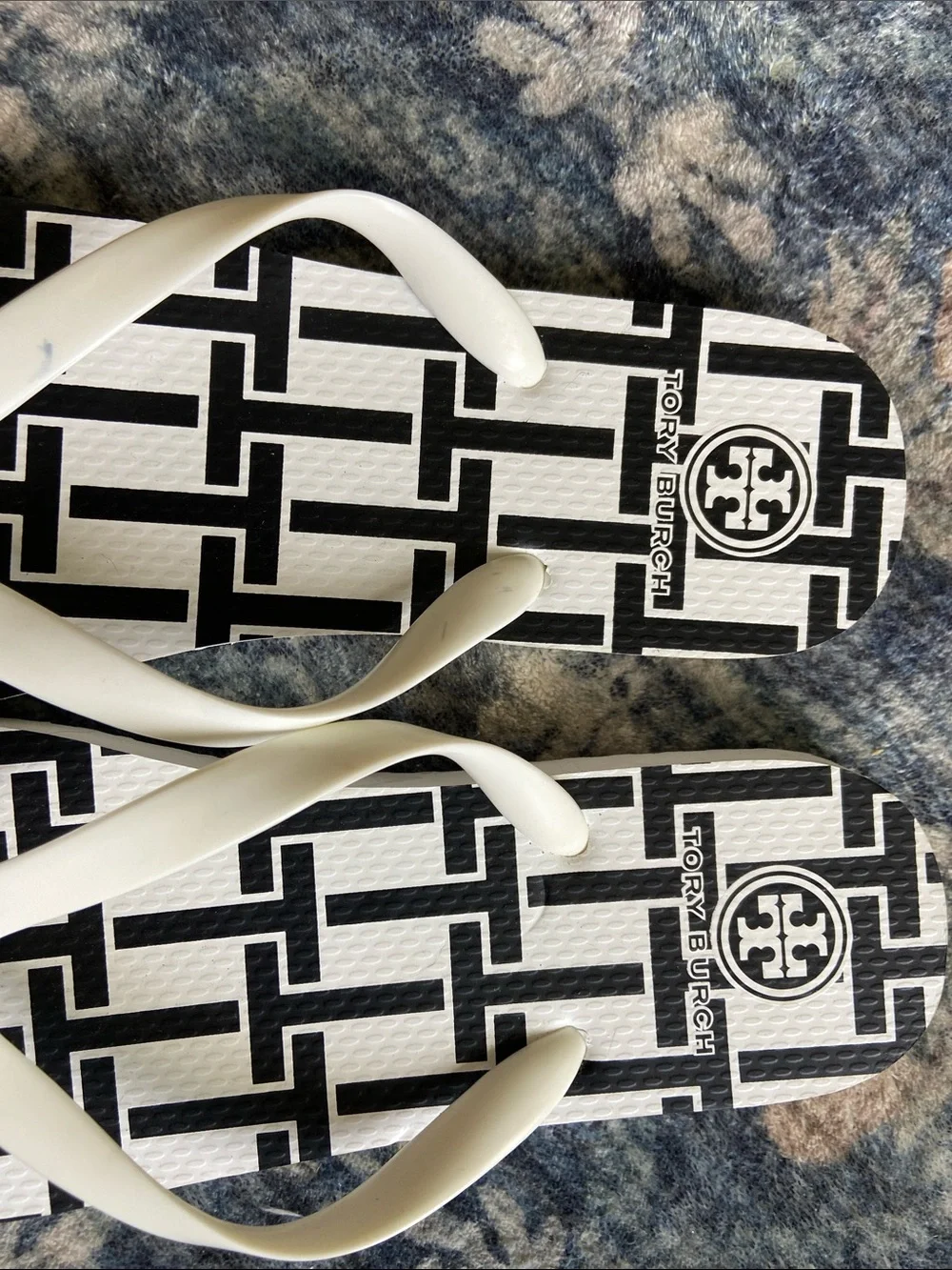 Tory Burch White and Black Geometric Logo Flip Flops